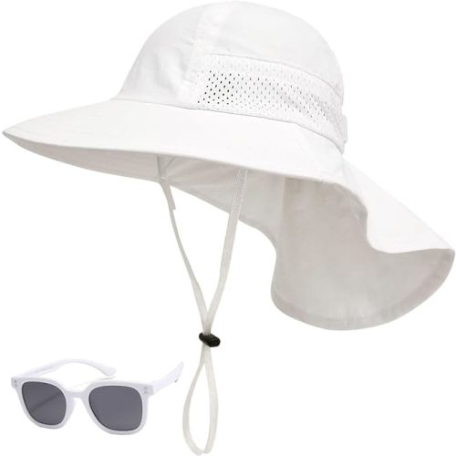Baby Sun Hat Toddler Kids Boys Girls Wide Brim Beach Hats with Sunglasses UPF 50+ Plain Caps with Neck Flap