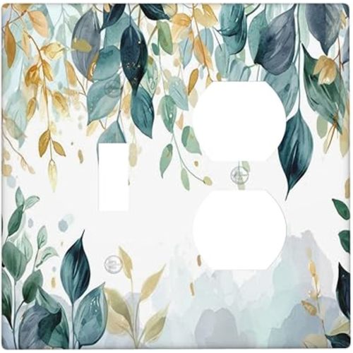 Boho Goldgreen Leaf Botanical Eucalyptus Leaves Wallplates 1 Toggle 1 Duplex Switch Plate Electrical GFCI Faceplate Decorative Light Switch Covers for Bedroom Living Room Decor