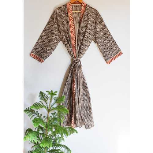 Hand Block Print Cotton Kimono Robe - Boho Dressing Gown