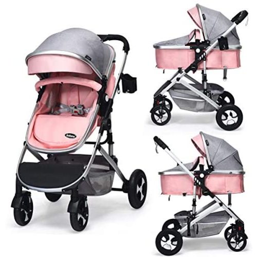 INFANS Baby Stroller for Newborn, 2 in 1 High Landscape Convertible Reversible Bassinet Pram for Infant & Toddler, Foldable Aluminum Alloy Pushchair with Adjustable Backrest, 3D Suspension (Pink)
