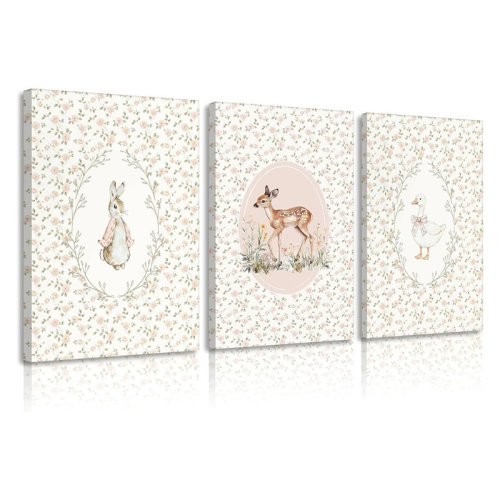 August Grove® 3Pcs Framed Vintage Nursery Wall Art Children's Cute Goose Rabbit Deer Wall Decor Pictures Rustic Floral Botanical Animal Posters Prints For Baby Bedoom Home Decoration 12X16in | Wayfair
