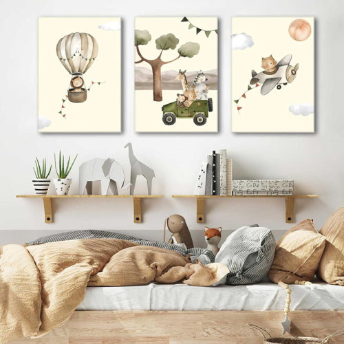 East Urban Home 3Pcs Safari Adventure Canvas Wall Art Adventure Theme Kids Room Posters Pictures Wildlife Cat Lion Giraffe Travel Paintings Forest Animal Prints For Children Room Nursery Wall Decor Framed | Wayfair