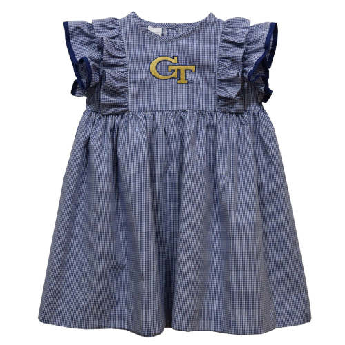 Georgia Tech Yellow Jackets Embroidered Navy Gingham Ruffle Dress
