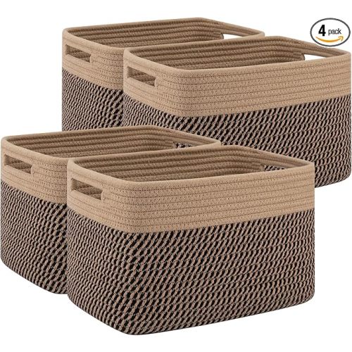 4 Pack Storage Baskets for Organizing, Woven Baskets for Shelves - Perfect for Toys, Books, Towels, and Clothes, Durable Gift Basket Bins Toy Storage, 12.7''L x9''W x7.8''H, Black and Brown