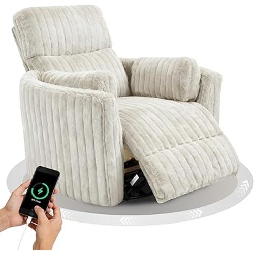 leovanni Power Swivel Rocker Recliner with 2 Pillows, USB & Type-C Charge, Upholstered Nursery Glider Rocking Chair, Corduroy Recliner Chair for Bedroom Living Room, White