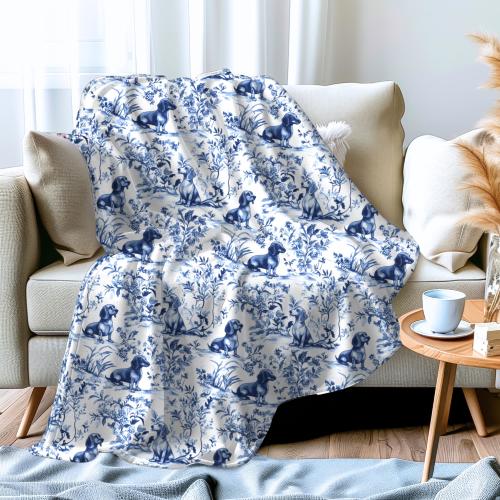 Dachshund Blue French Toile Blanket, Blue Toile Throw Blanket for Doxie Lovers, Sausage Dog Blanket Toile de Jouy Gift Dog Cozy Blanket