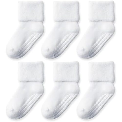 EPEIUS Toddler Socks Baby Thick Warm Cotton Crew Socks with Grips Boys Girls Non-slip Socks Turn Cuff Socks 6 Pack