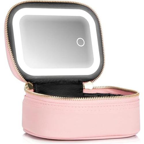 Mini Makeup Bag with Led Mirror, Small Travel Make up Bag 3 Light Modes Adjustable Brightness, for Women Organizer Cosmetic Bag, Portable Travel Train Toiletry Bag, for Pool Parties Work Touch-Ups