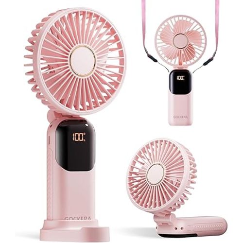 Portable Fan, 4200mAh Battery Operated Fan, 5 Speeds&Digital Display, Makeup Fans for Women with Base, 180°Foldable 3in1 Handheld/Neck/Desk Fan for Outdoor Indoor,Ultra Quiet (Pink)