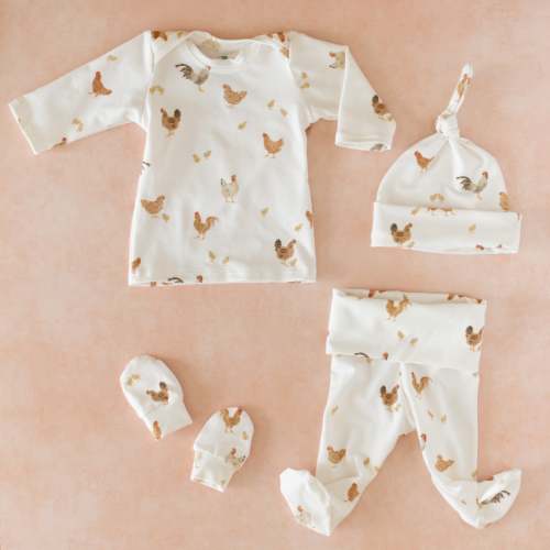 Organic Baby Outfit Set | Handmade Newborn Clothes | OEKO-TEX | Chicken Print – Bright + Tiny
