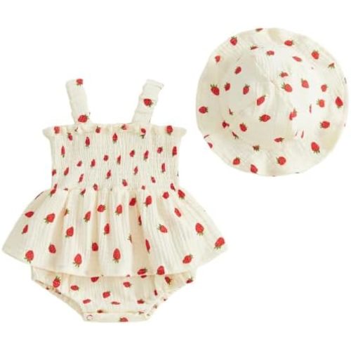 Mubineo Baby Girl Clothes Summer Dress Cotton Linen Romper Sleeveless Smocked Rompers Sun Dress Hat Skirt Boho Outfits