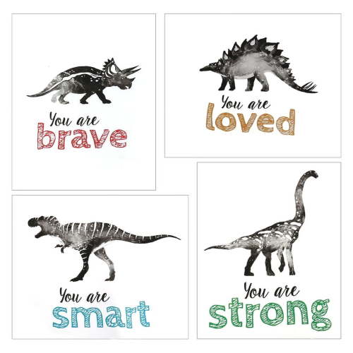 4Pcs Dinosaur Wall Art for Little Boys Room, Baby Nursery Posters, Motivational Kids Playroom Dino Decor, Toddler -Rex