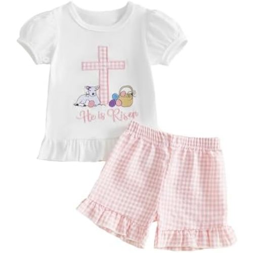 fhutpw Toddler Baby Girls Summer Clothes Smocked Short Sleeve T-Shirt Tops Ruffled Plaid Short Sets Cute Outfits 2Pcs