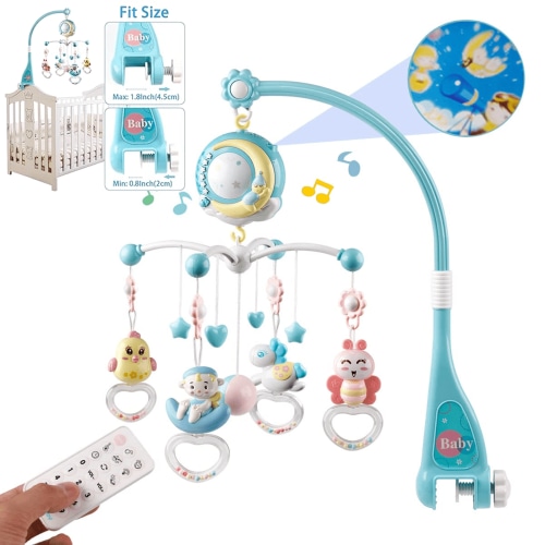 Baby Crib Mobile with Music and Lights, Nursery Musical Mobile, Hanging Bassinets Toys with Projection, Soft Night Light, 360° Rotation, Newborn Baby Toys