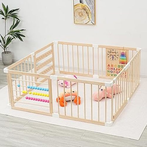 Baby Playpen - Wooden Playpen for Babies and Toddlers - Large Adjustable Shape &Size Play Yard - Baby Fence with Lock Gate - Infant PlayPen - Portable Safe Play Area Kids Activity Center(63x63x24inch)