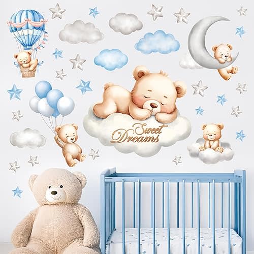 DECOWALL SG2-2407 Sweet Dream Bear Wall Stickers Decals Baby Room Décor Nursery Boy Wallpaper Decorations Home Blue Moon Stars Teddy Peel and Stick Bedroom Playroom Sleeping Cloud