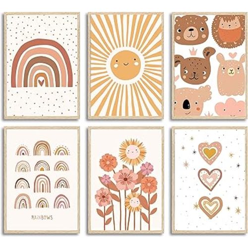 6Pcs Boho Nursery Wall Art Kids Room Canvas Rainbow Sunflower Cute Animal Paintings Love Star Prints Baby Girl Room Posters for Children's Bedroom Wall Decor Unframed