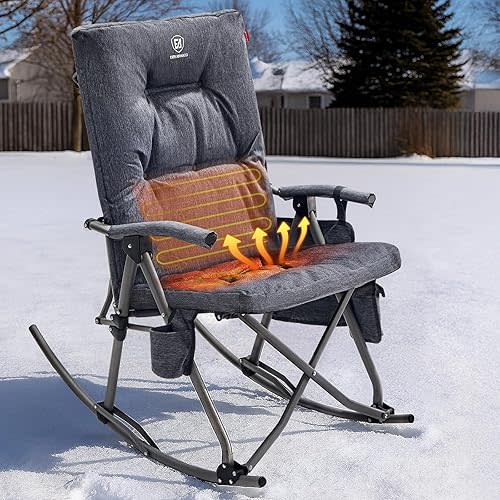 EVER ADVANCED Heated Oversized Folding Rocking Camping Chair, Heating Padded Portable Rocker Chair for Patio, Lawn and Outdoors, Heavy Duty Hard Armchair for Adults Supports 400lbs, Grey