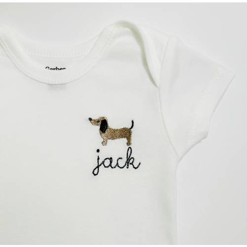 Personalized Embroidered Dachshund puppy dog baby ONESIES® brand baby bodysuits, personalized Dachshund bodysuit, baby name bodysuit