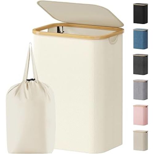 Lifewit 80L Laundry Basket with Lid, Clothes Hampers for Laundry with Bamboo Handles and 1 Removable Bag, Large Foldable Laundry Hamper for Bedroom, Bathroom, Dorm, Laundry Room, White