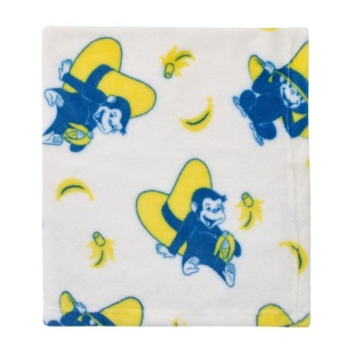 NoJo Welcome to the Universe Baby Curious George White, Navy and Yellow Hat and Bananas Super Soft Baby Blanket