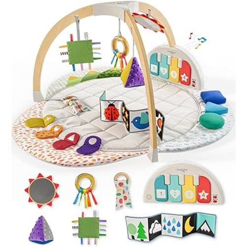 Move2Play, Montessori Inspired Wooden Kick & Play Baby Gym | Musical Piano | Thick + Soft Floor Mat | Tummy Time Activity Center | Play Mat for Newborns & Infants | Toys for Ages 0-6+ Months