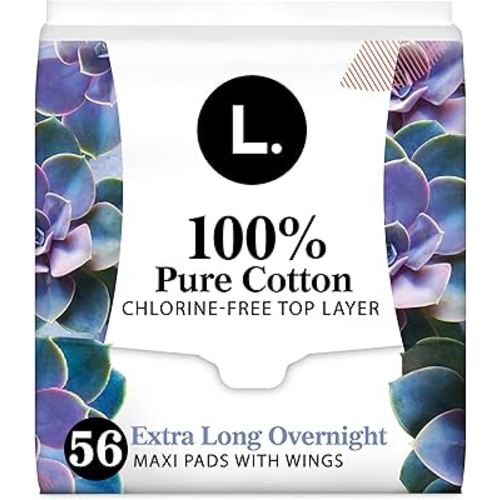 L. Extra Long Maxi Pads for Women, Overnight Absorbency, Organic Cotton Top Layer, Unscented Pads with Wings, 56 Count (2 Packs of 28)