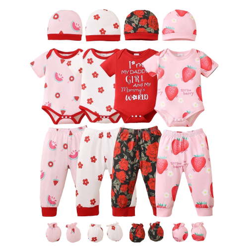 KIMI BEAR Newborn Baby Girls Summer Outfits 6-9 Months 4-Pack Layette Set Short Sleeves Romper Top Strawberry Watermelon Floral Pants Set Hat Gloves 16Pcs Pink