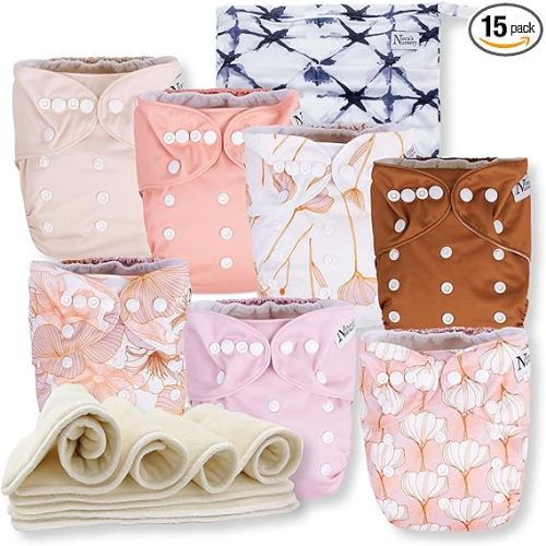 Nora's Nursery Cloth Diapers 7 Pack with 7 Inserts & 1 Wet Bag - Waterproof Cover, Washable, Reusable & One Size Adjustable Pocket Diapers for Newborns and Toddlers - Magnolia