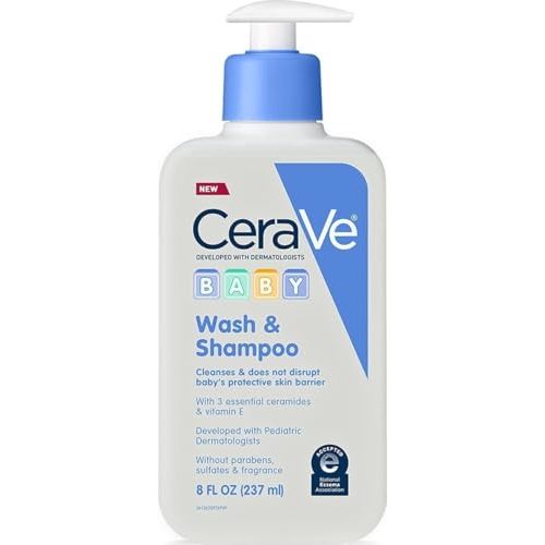 CeraVe Baby 2-in-1 Wash & Shampoo with Vitamin E for Hair & Skin, 8oz | Tear-Free Wash For Baby Hair and Skin with Vitamin E, Fragrance-Free, Paraben-Free, Dye-Free, Phthalates-Free, Sulfate-Free