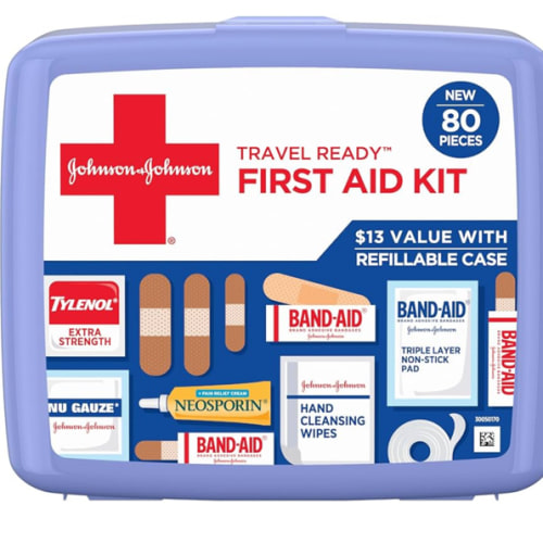 BAND-AID Brand Travel Ready Portable Emergency First Aid Kit for Minor Wound Care, Perfect for Home, Car, Travel, Camping Essentials & Outdoor Emergency Kit, 80 Pieces