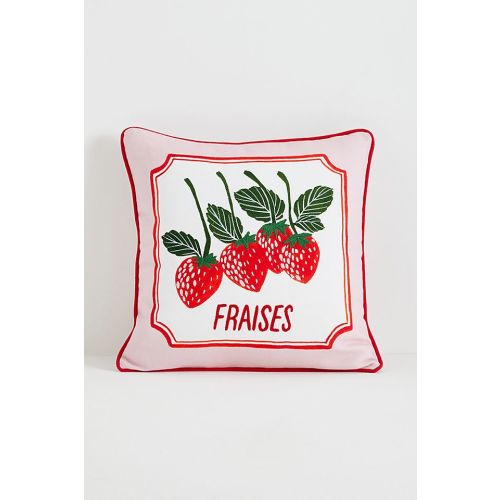 Anthropologie Les Fruits Cotton Embroidered  18”x18” Throw Pillow - Strawberry