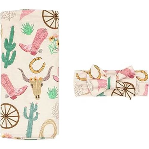 Little Sleepies Swaddle & Headband Bow Set, Viscose from Bamboo Baby Swaddles, Newborn Baby Girl Clothes (Pink Ready to Rodeo)