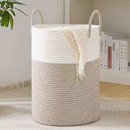 Woven Rope Laundry Hamper Basket, 58L Tall Laundry Basket, Baby Nursery Hamper for Blanket Storage, Clothes Hamper for Laundry in Bedroom-Large-Brown