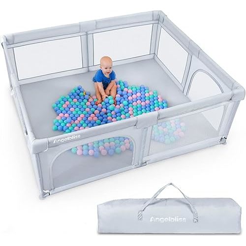 ANGELBLISS Baby Playpen, Extra Large Playard, Indoor & Outdoor Kids Activity Center with Anti-Slip Base, Sturdy Safety Play Yard with Breathable Mesh, Kid's Fence for Infants Toddlers(Grey,50”x50”)