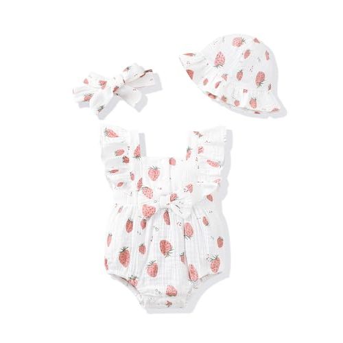 Renotemy Baby Girl Clothes Infant Summer Romper Cotton Linen Newborn Essentials Photography Preemie Outfits with Hat&Headband