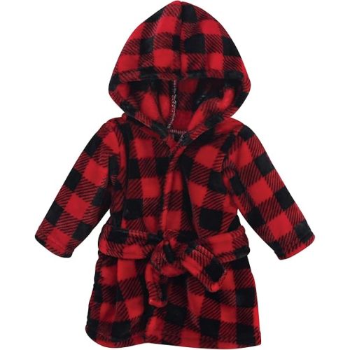 Hudson Baby Unisex Baby Plush Animal Face Bathrobe, Red Black Plaid, 0-9 Months