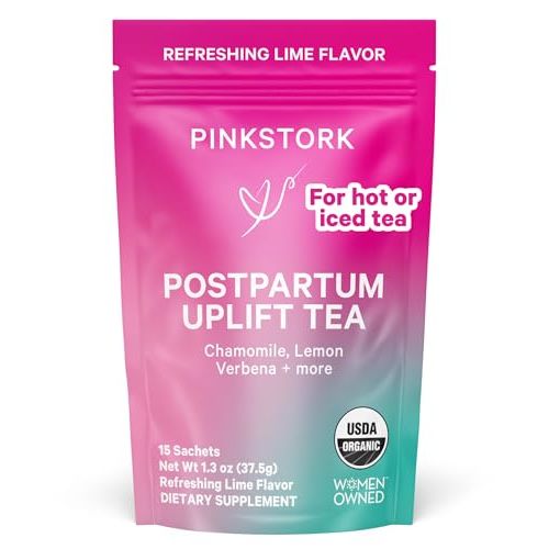 Pink Stork Postpartum Uplift Mood Support Tea: Hormone Balance for Women After Pregnancy, Chamomile Tea with Red Raspberry Leaf for Postpartum Recovery - Caffeine-Free, Hot or Iced, 15 Sachets