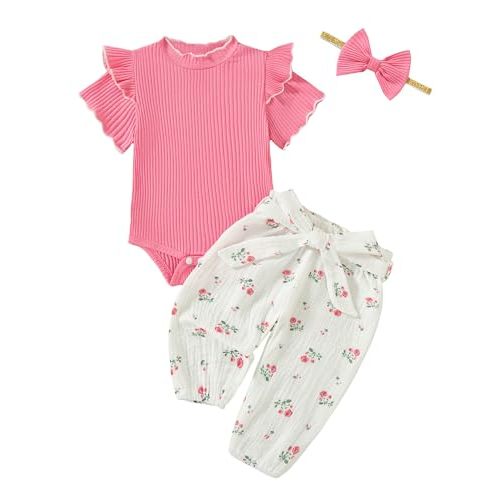 SUNNY PIGGY Newborn Baby Girl Clothes 4Pcs Cute Infant Fall Winter Outfits | 0-18 Months,Toddler Girl Clothing Set,Cute Ruffle Long Sleeve Romper,Casual Floral Pants with Bow Headband,Newborn Essentials