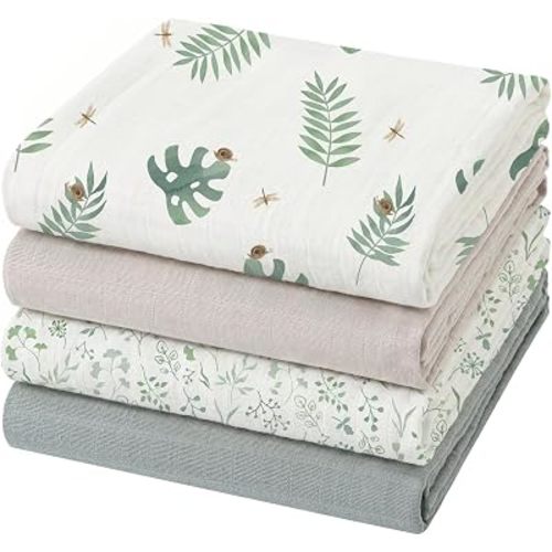 POMISO Muslin Swaddle Blankets for Boys & Girls, Newborn Receiving Blankets, 4 Pack Soft Breathable Baby Swaddles, Large 47x47 Inches, Rain Forest