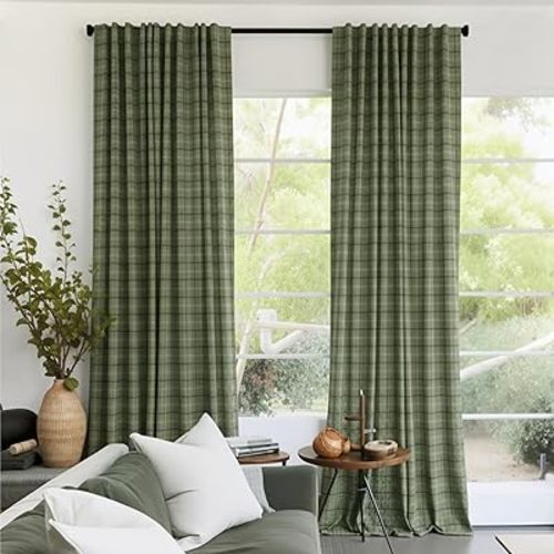 RYB HOME Moss Green Plaid Curtains for Living Room Dining Room, Linen Blend Light Filtering Semi-Sheer Privacy Farmhouse Checkered Window Treatment for Kitchen Bedroom, W52 x L84 Inch, 2 Panels