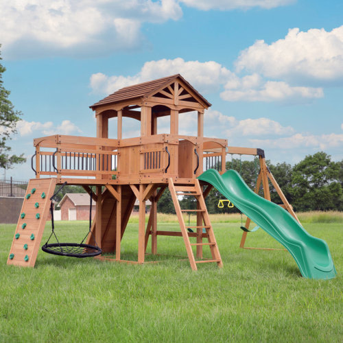 Backyard Discovery Sterling Point Cedar Wood Swing Set with Wave Slide, Clubhouse, Wooden Bridge, and Rock Wall & Reviews | Wayfair