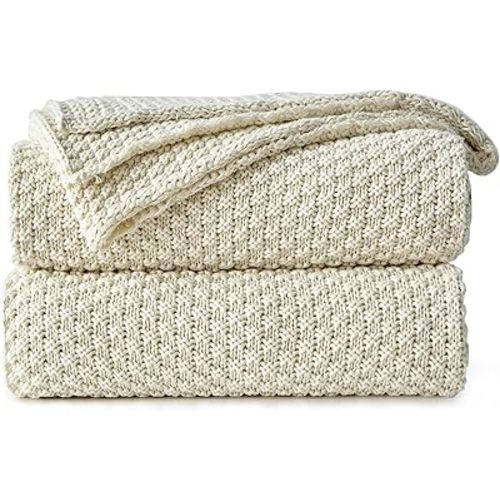 Longhui bedding 100% Cotton Knitted Throw Blanket – Cream, Soft & Cozy, Machine Washable, 51"x63" – Perfect for Living Room, Couch, Sofa, Bed or Travel
