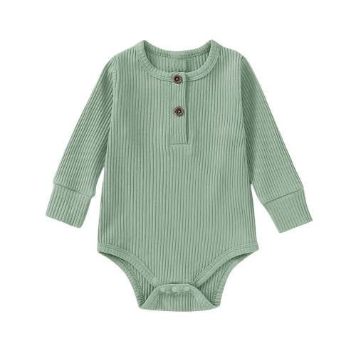 Dealovy Infant Baby Clothes Fall Unisex Toddler Crewneck Long Sleeve Onesie Kids Cotton Ribbed Button Dumpling Rompers Solid Color Jumpsuit