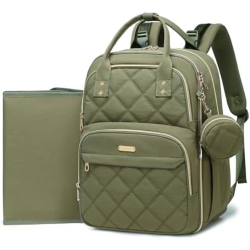 Diaper Bag Backpack, Large 26L Baby Bag with Portable Changing Pad & Pacifier Case, Waterproof Quilted Maternity Backpack for Mom and Dad, Travel Essentials with Insulated Pockets, Green