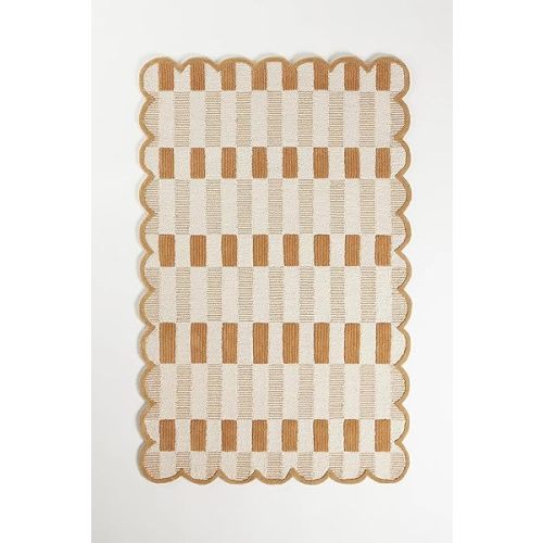 Hand-Tufted Wool Area Rug - 5x7 Ft, Neutral Beige & Warm Caramel Plaid Design with Elegant Scalloped Edges, Soft Handmade Plush Carpet with Cotton Backing for Living Room, Bedroom & Nursery
