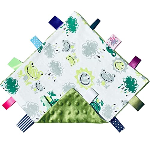 Green Frog Baby Tags Blanket, Cute Toddler Security Blanket with Tags, Soft Lovey Tags for Baby Gift