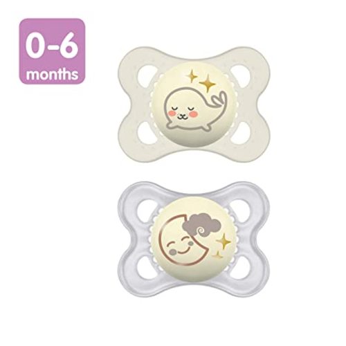 MAM Night Pacifiers (2 Pacifiers & Sterilizing Box), MAM Pacifiers 0-6 Months, Best Pacifier for Breastfed Babies, Unisex, Glow in the Dark Pacifier - 2-Pack - Animal Print