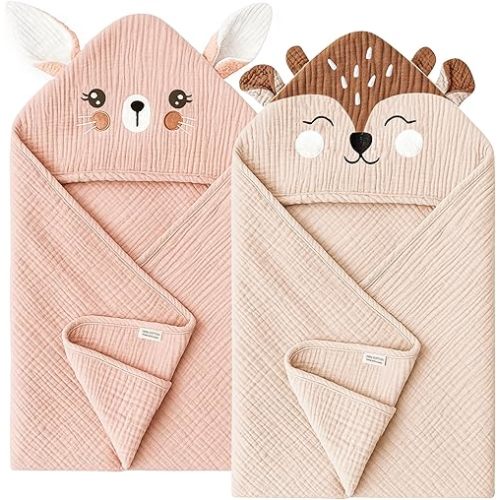 Konssy 2-Pack Muslin Baby Hooded Towels, 100% Cotton, Soft and Absorbent Baby Bath Towels for Newborn, Infant & Toddler with Animal Hooded Design(Bunny & Deer)