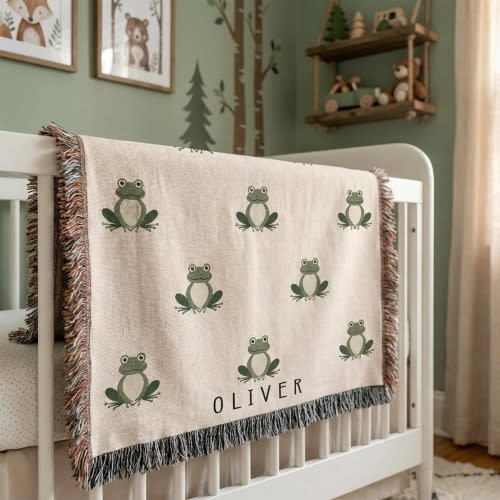 Custom Frog Baby Blanket, Woodland Nursery Decor, Personalized Woven Throw for Toddler Boy or Girl Room